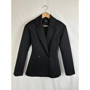Zara Neoprene Scuba Blazer Womens Black Sz XS Polyester Notch Lapel Long Sleeve